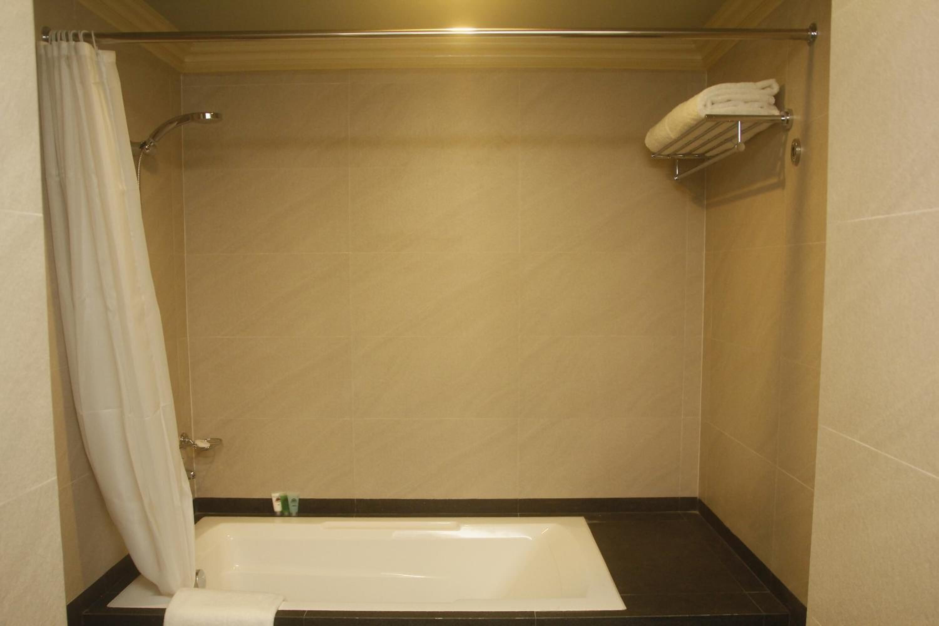 combined shower/bathtub, deep-soaking bathtub, free toiletries