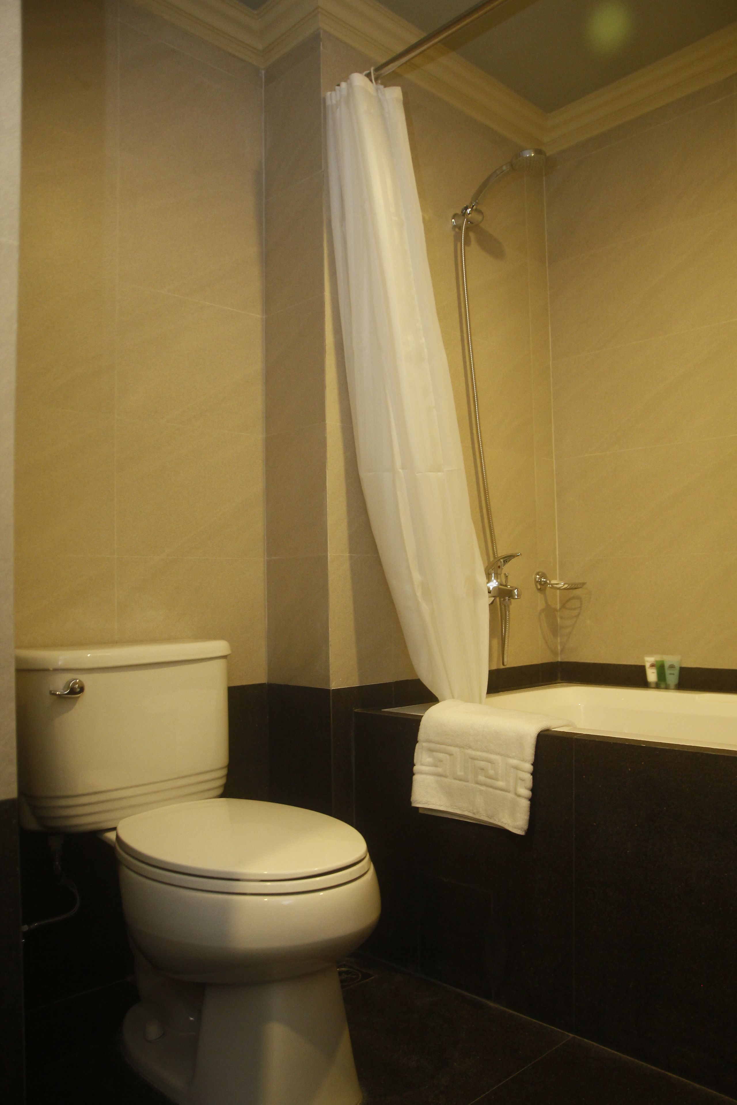 combined shower/bathtub, deep-soaking bathtub, free toiletries