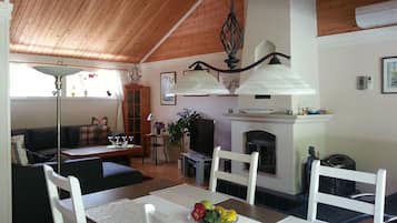 TV, fireplace, DVD player, books