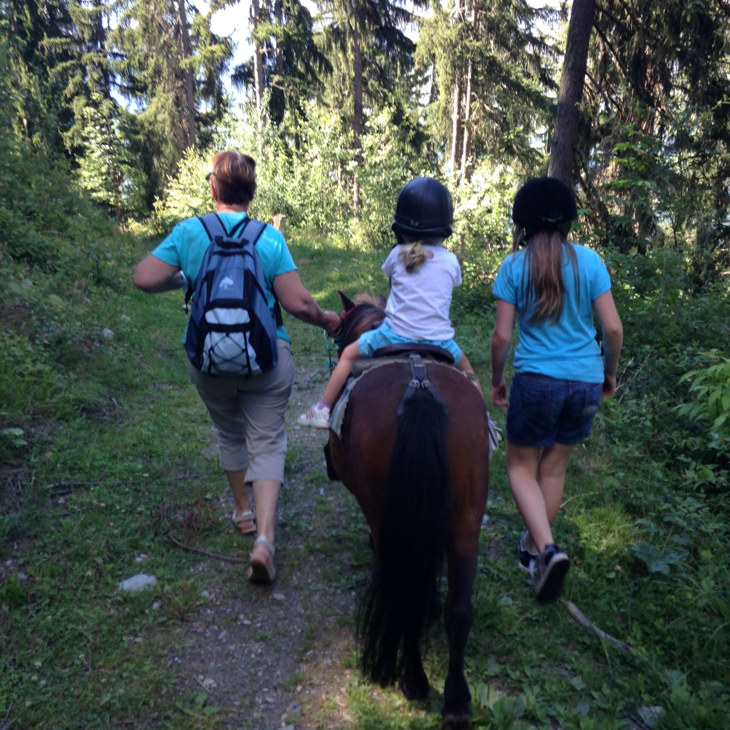 A path in a wooded area with a horse and two people walking.