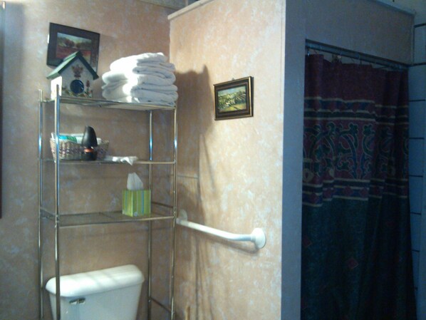 Un baño con inodoro, toallero con toallas dobladas, repisa con artículos de aseo, un cuadro enmarcado en la pared y cortina de ducha.