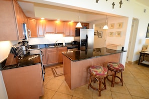 Spacious and well stocked kitchen.  You also have a view of the Gulf of Mexico!