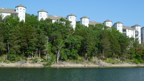 A waterfront property with multiple buildings featuring turreted towers and a dense forest backdrop.