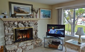 living area with an easy light gas fireplace, cable, dvd player and a game cube