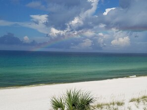 Une plage d’où l’on a une vue dégagée sur l’océan et où l’on peut admirer un arc-en-ciel dans le ciel.