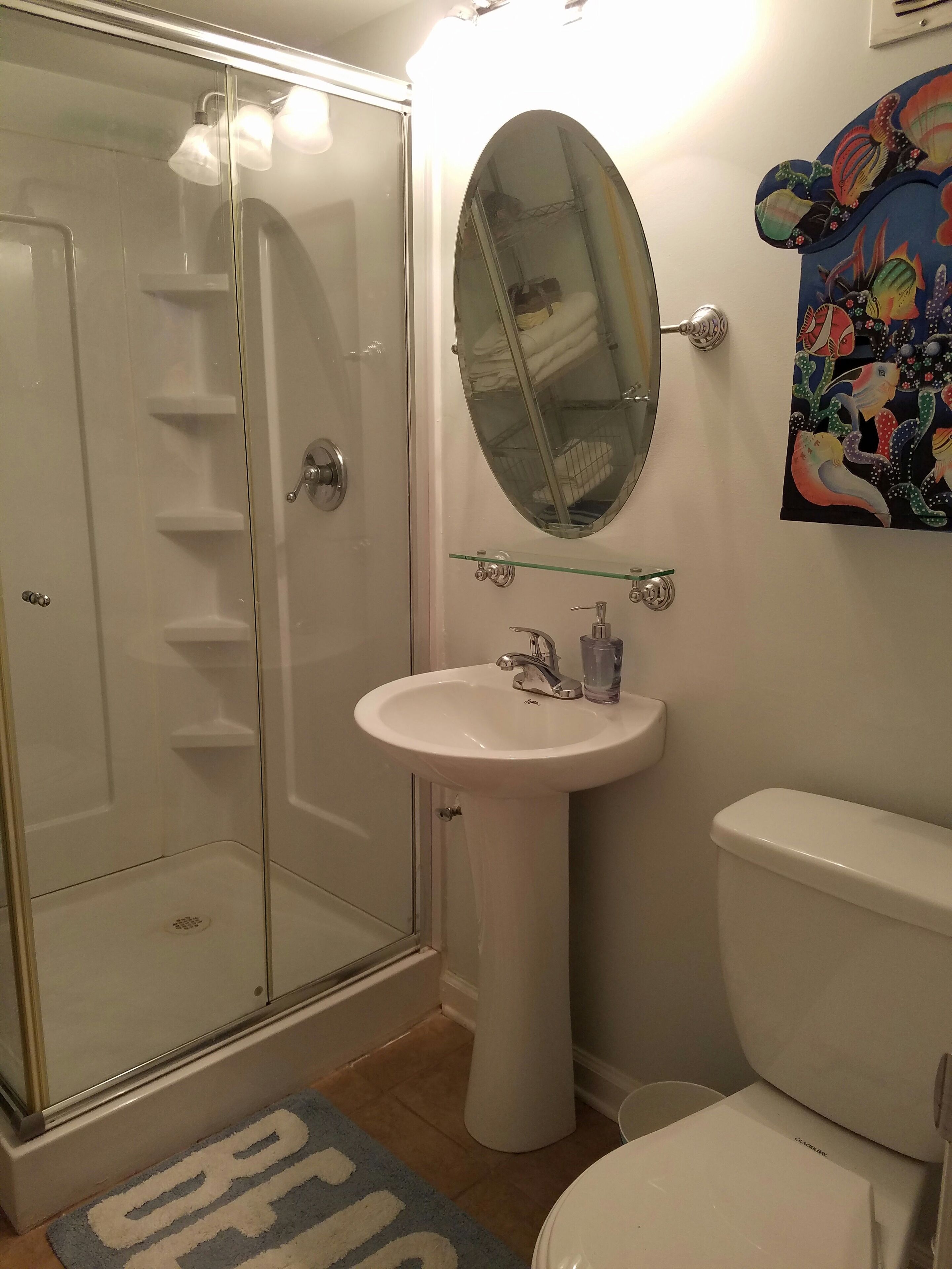 Une salle de bain dotée d’une douche à parois de verre, d’un lavabo sur colonne, de toilettes et d’un miroir avec un cadre décoratif.