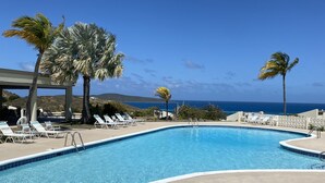 Une piscine avec des chaises longues, des palmiers et une vue sur l’océan.