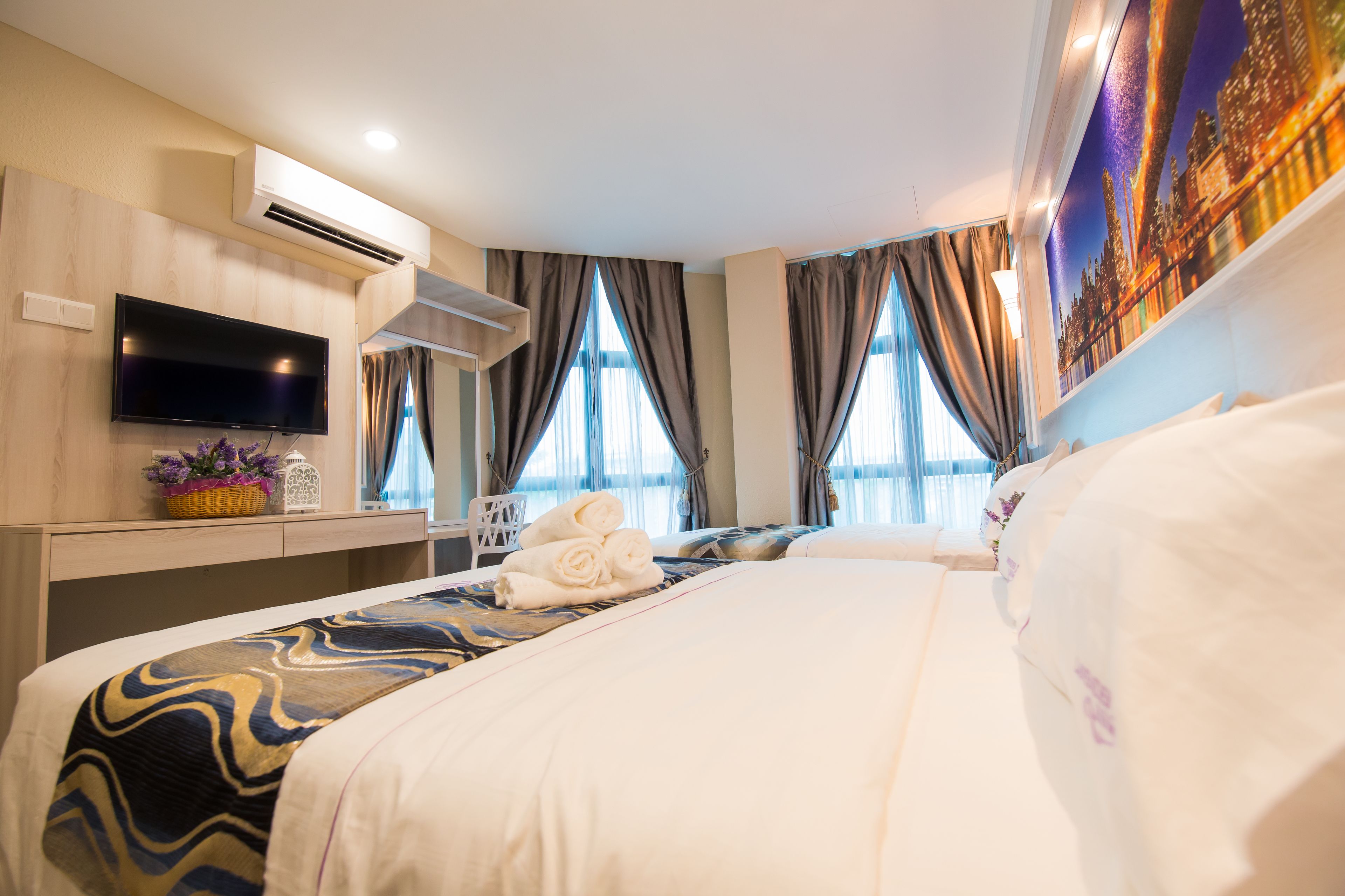 deluxe family room | desk, laptop workspace, soundproofing, iron/ironing board