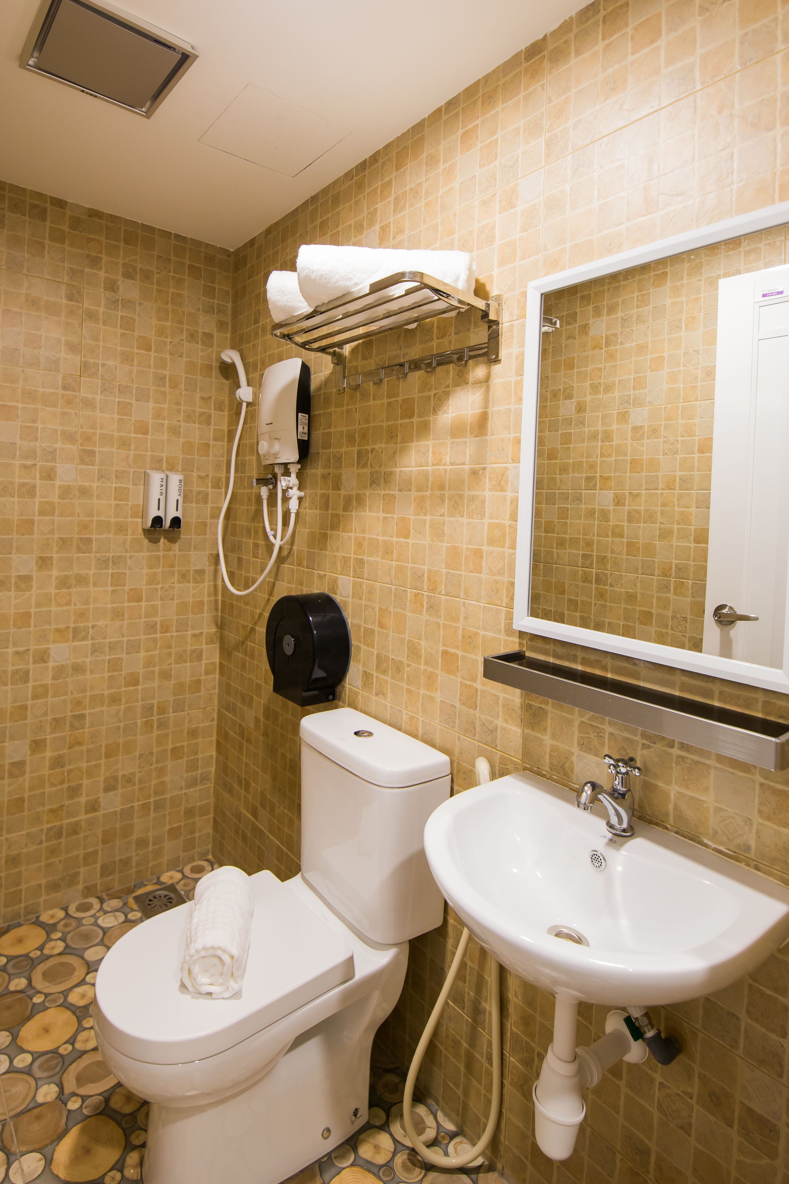 free toiletries, hair dryer, slippers, towels