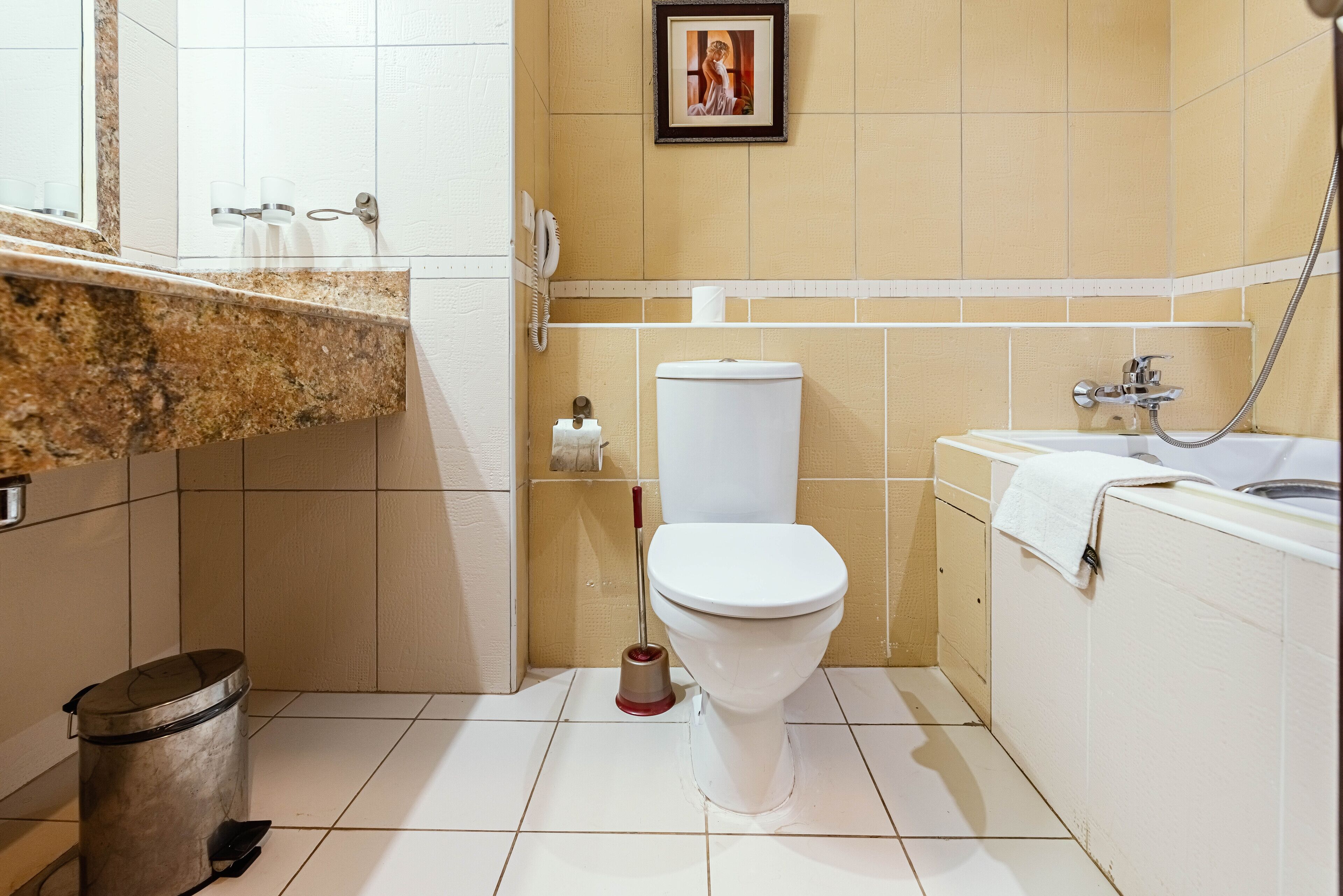 Un baño con inodoro, lavamanos y ducha. Hay un bote de basura y un cuadro en la pared.