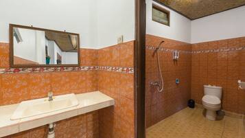 Un baño con lavamanos, inodoro y ducha.