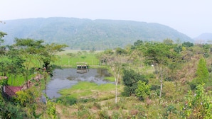 A rural landscape with a pond, trees, and a small building. - Jaintia Hill Resort (Gowainghat)