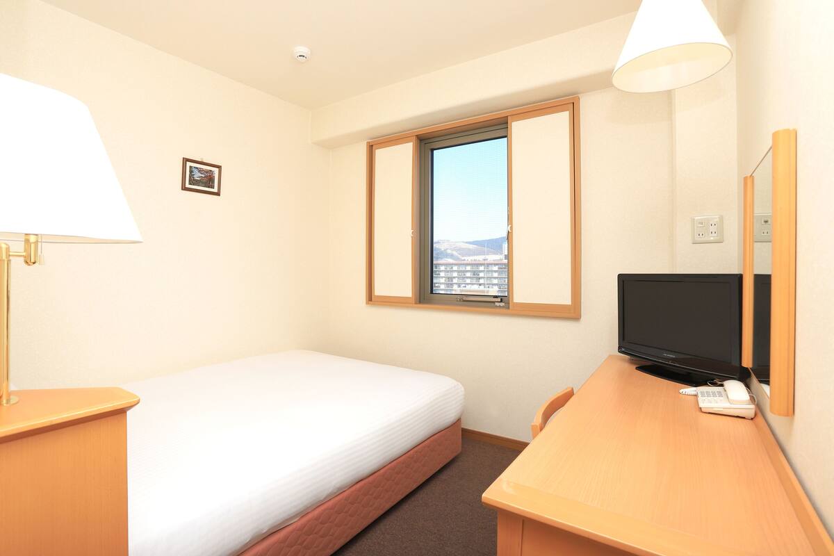 A hotel room with a single bed, a desk with a television, a lamp, and a window with a view of a cityscape.