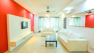 LCD TV, DVD player, ping pong, pay films