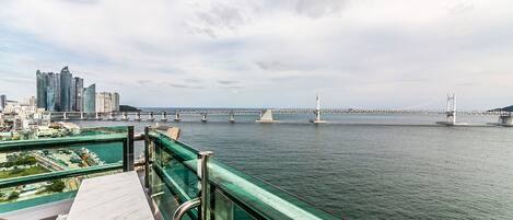 Vista desde un balcón sobre un río con un puente y el horizonte de la ciudad al fondo.