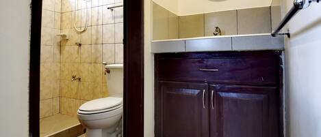 A bathroom with a toilet, shower, and dark wooden cabinets.