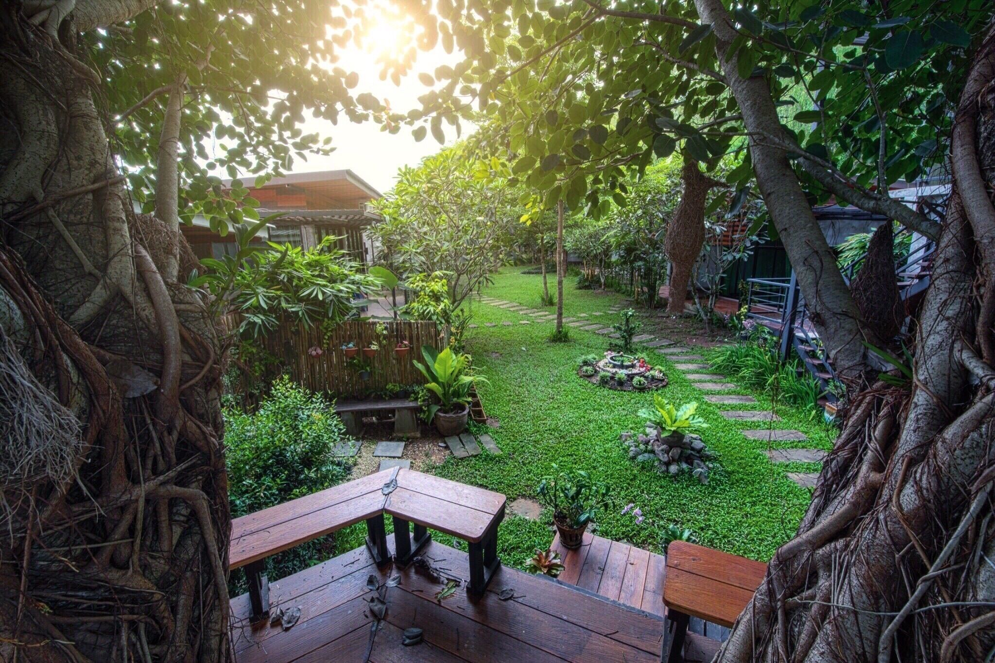 Un exuberante jard ín con terraza de madera, un pequeño estanque y diversas plantas.