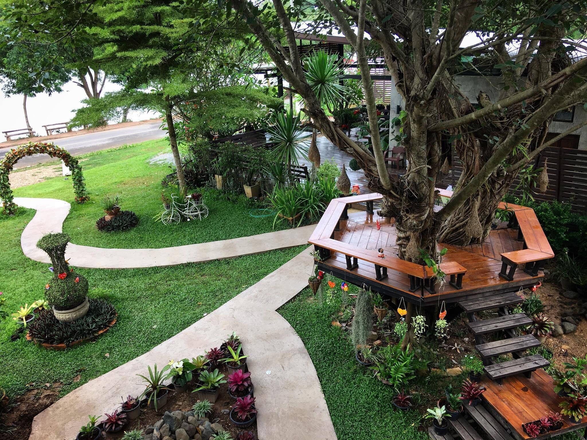 A garden with a wooden deck, various potted plants, and a winding pathway.
