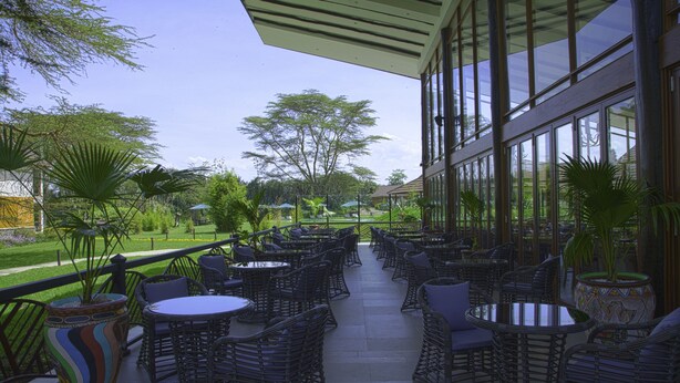 An outdoor patio with wicker furniture and potted plants. - Sawela Lodge (Naivasha)