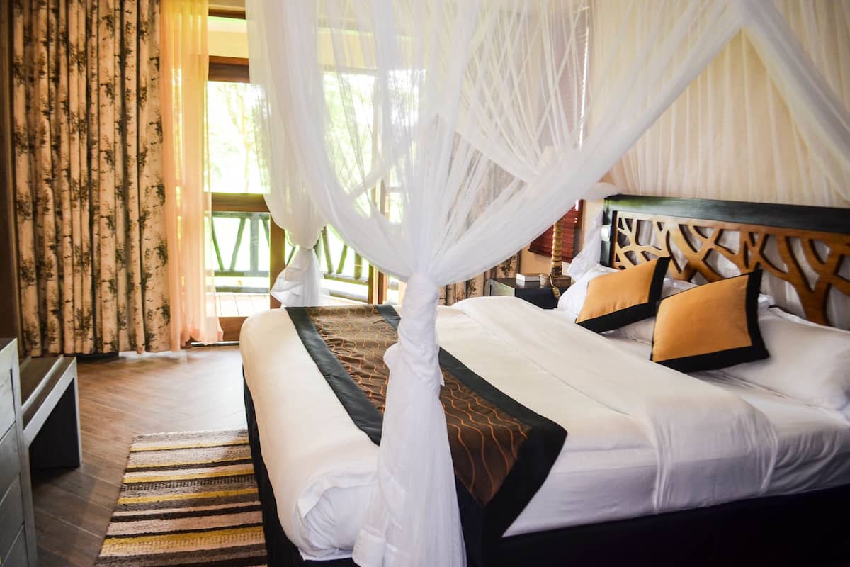 A hotel room with a bed, curtains, a striped rug, and a canopy.
