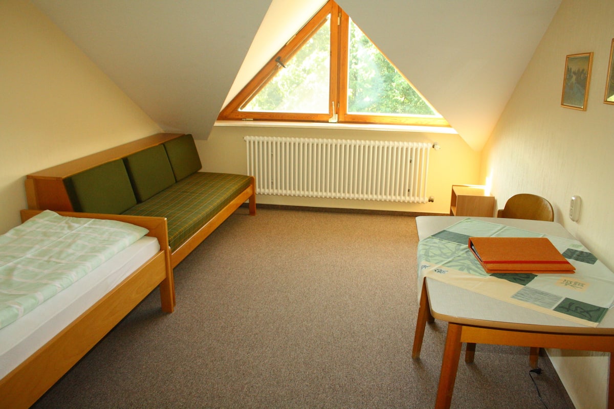 Una habitación ático pequeña y triangular con una cama, un sofá y una mesa.