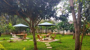 Un patio al aire libre con mesas y sillas bajo sombrillas, rodeado de follaje y un sendero de piedra.