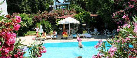 Seasonal outdoor pool, pool umbrellas, sun loungers