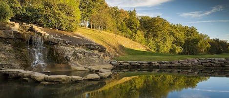 A serene landscape with a waterfall, a pond reflecting the trees, and a stone wall.