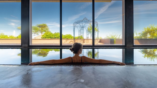 A person relaxing in a large indoor pool with a view of a gazebo through large windows. - The Lince Nordeste (Nordeste)