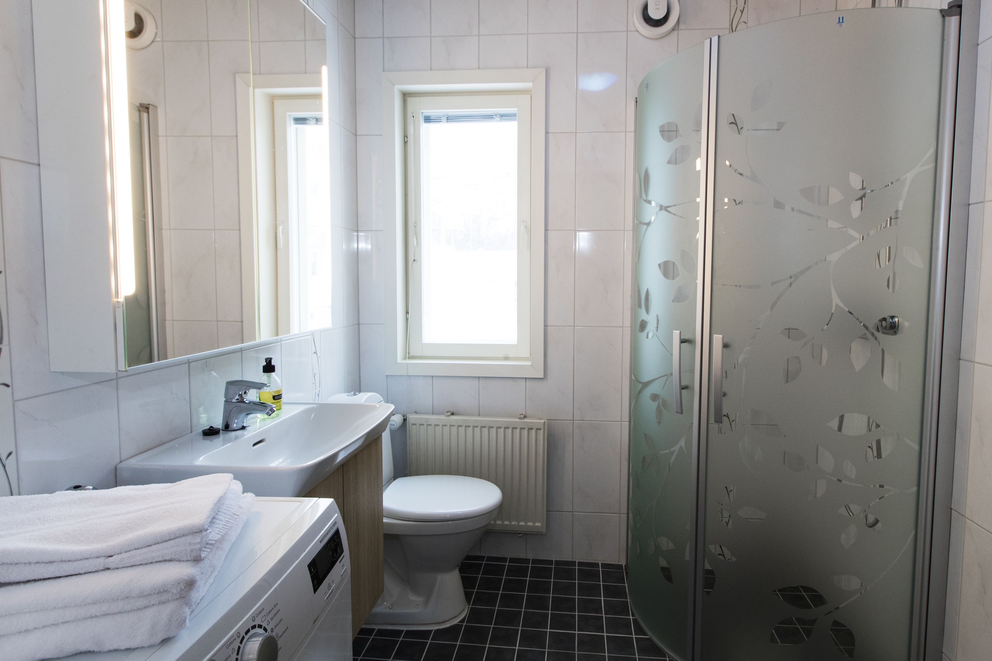 A modern bathroom with a white sink, toilet, and glass shower enclosure.