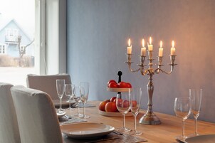 Family Apartment, 1 Bedroom, Garden view, Garden Area | Private kitchen | Full-size fridge, microwave, oven, stovetop