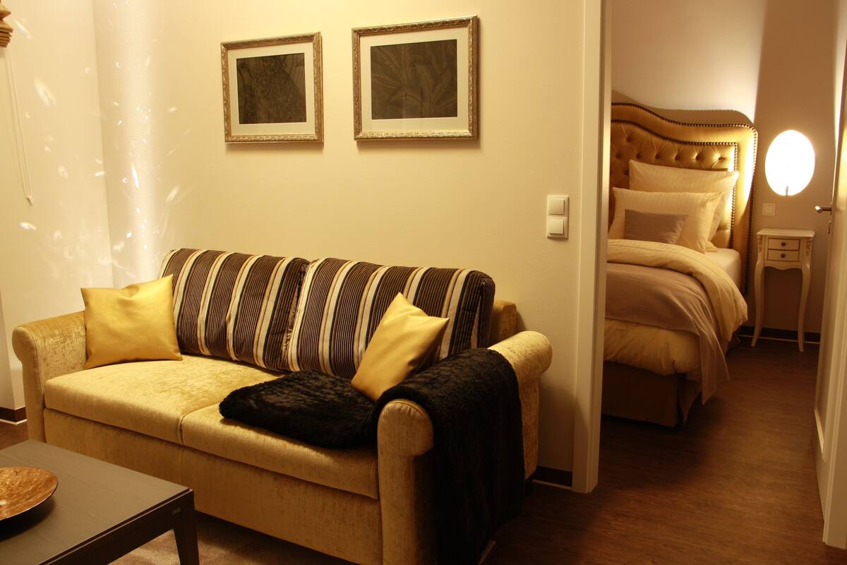Deluxe Apartment, 1 King Bed, Kitchen, Courtyard View | Living area | Flat-screen TV