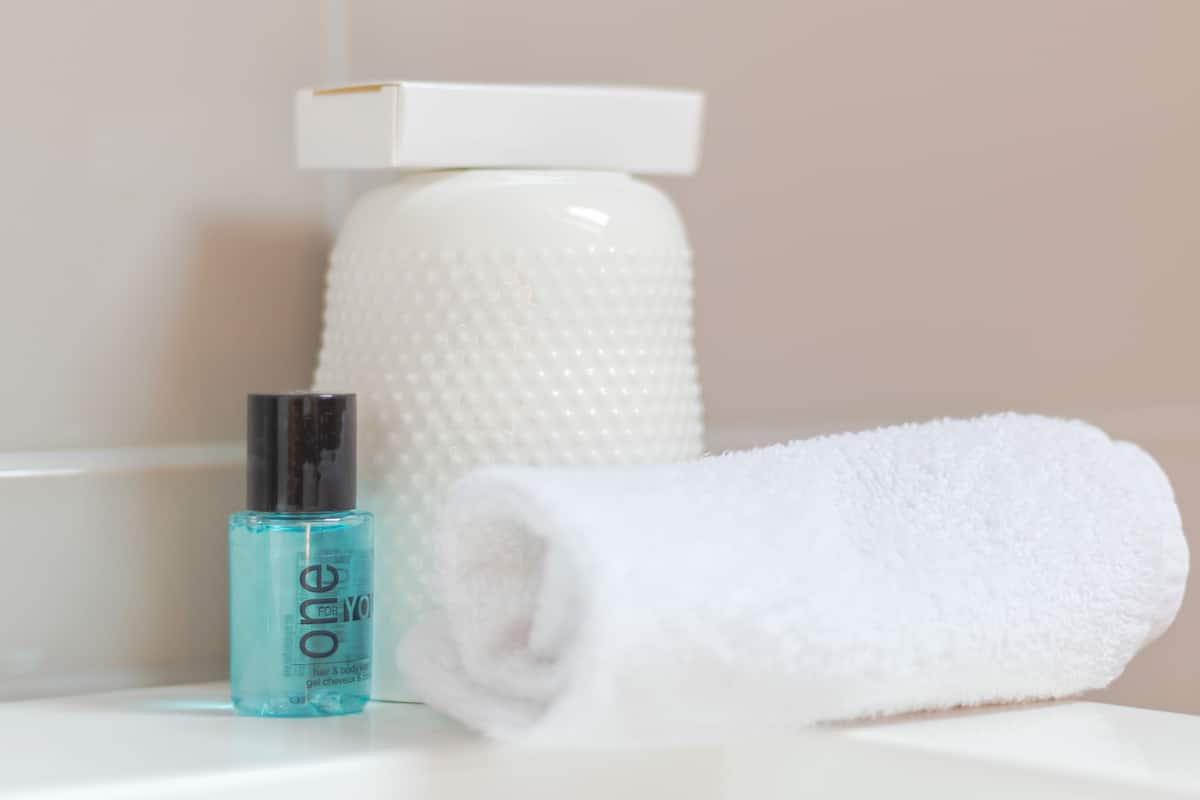 free toiletries, hair dryer, slippers, towels