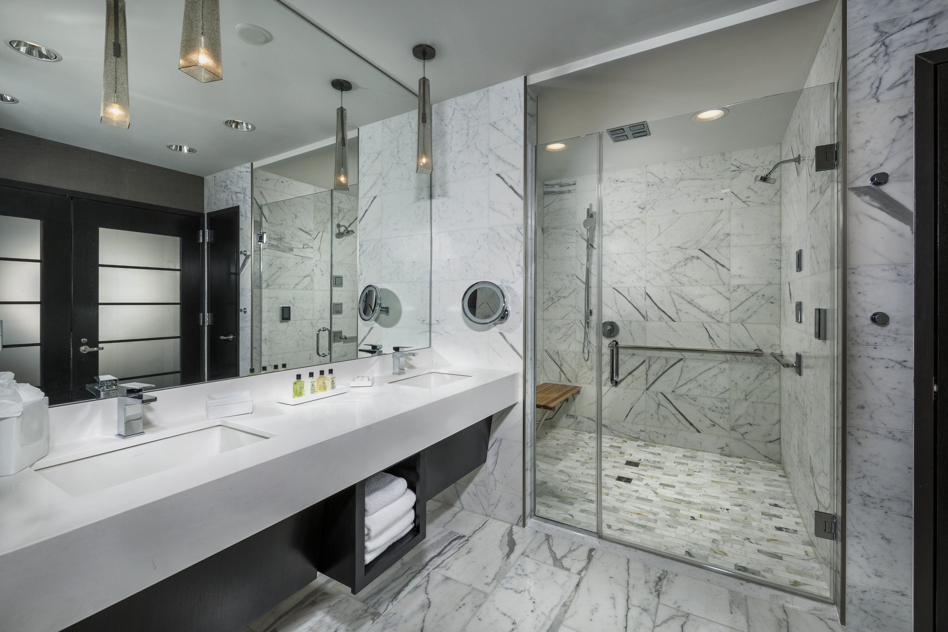 shower, designer toiletries, hair dryer, bathrobes