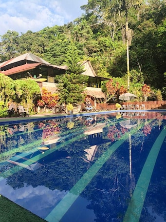 A swimming pool with a reflection of surrounding trees and a building with a thatched roof.. Grand Selva Lodge & Tours