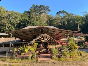 Un espacio al aire libre cubierto con techo de paja, rodeado de exuberante vegetación y árboles.