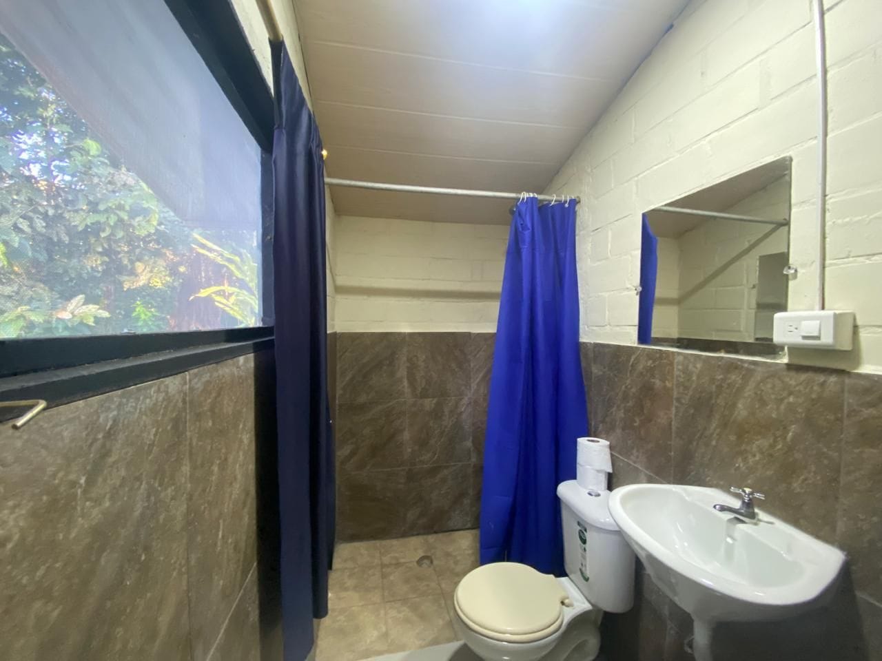 A bathroom with a toilet, sink, and shower curtain.