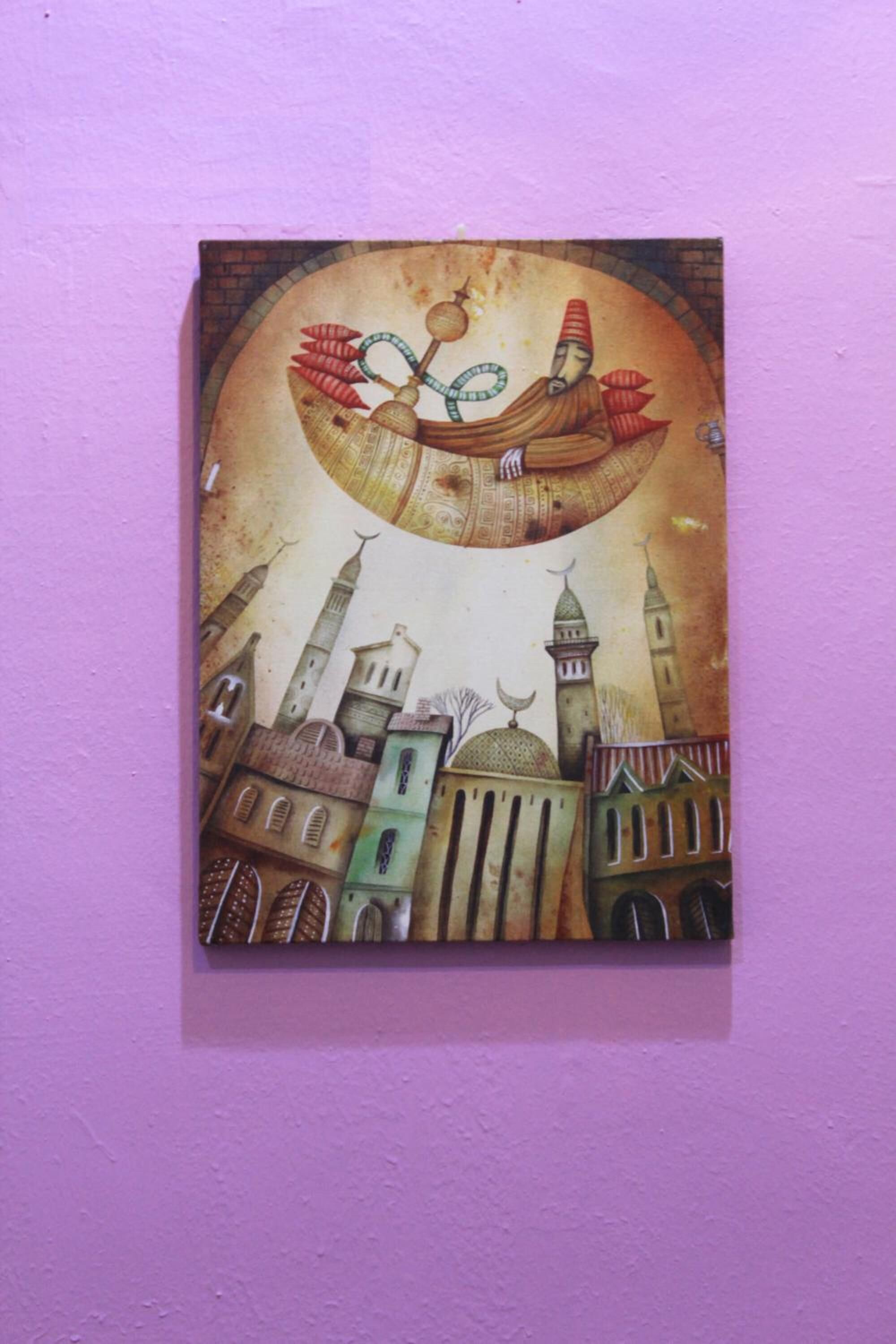 A painting of a floating figure with a crescent moon, surrounded by buildings with domes and minarets.