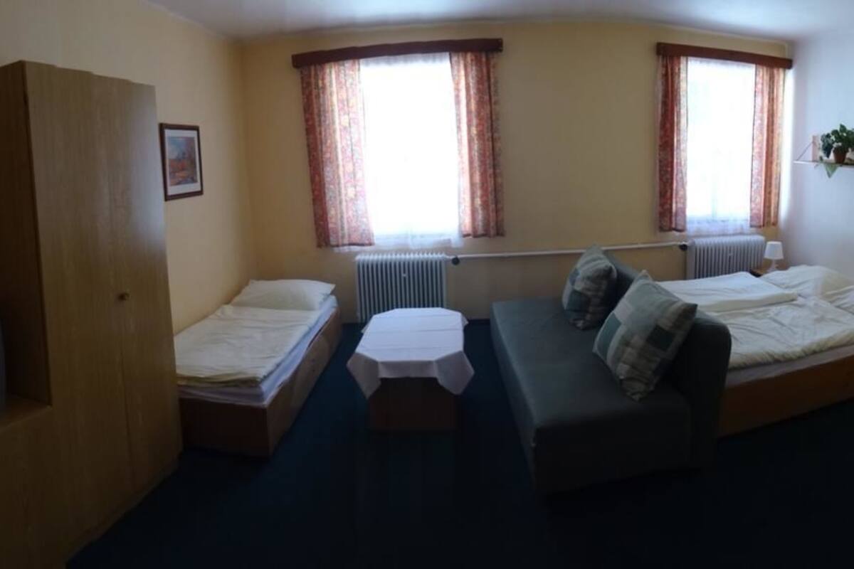 A compact room with a single bed, a sofa, a small table, and a television.