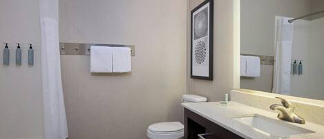 A modern bathroom with a shower, toilet, sink, and a large mirror.