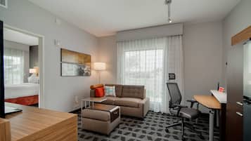 1 bedroom, desk, laptop workspace, blackout curtains