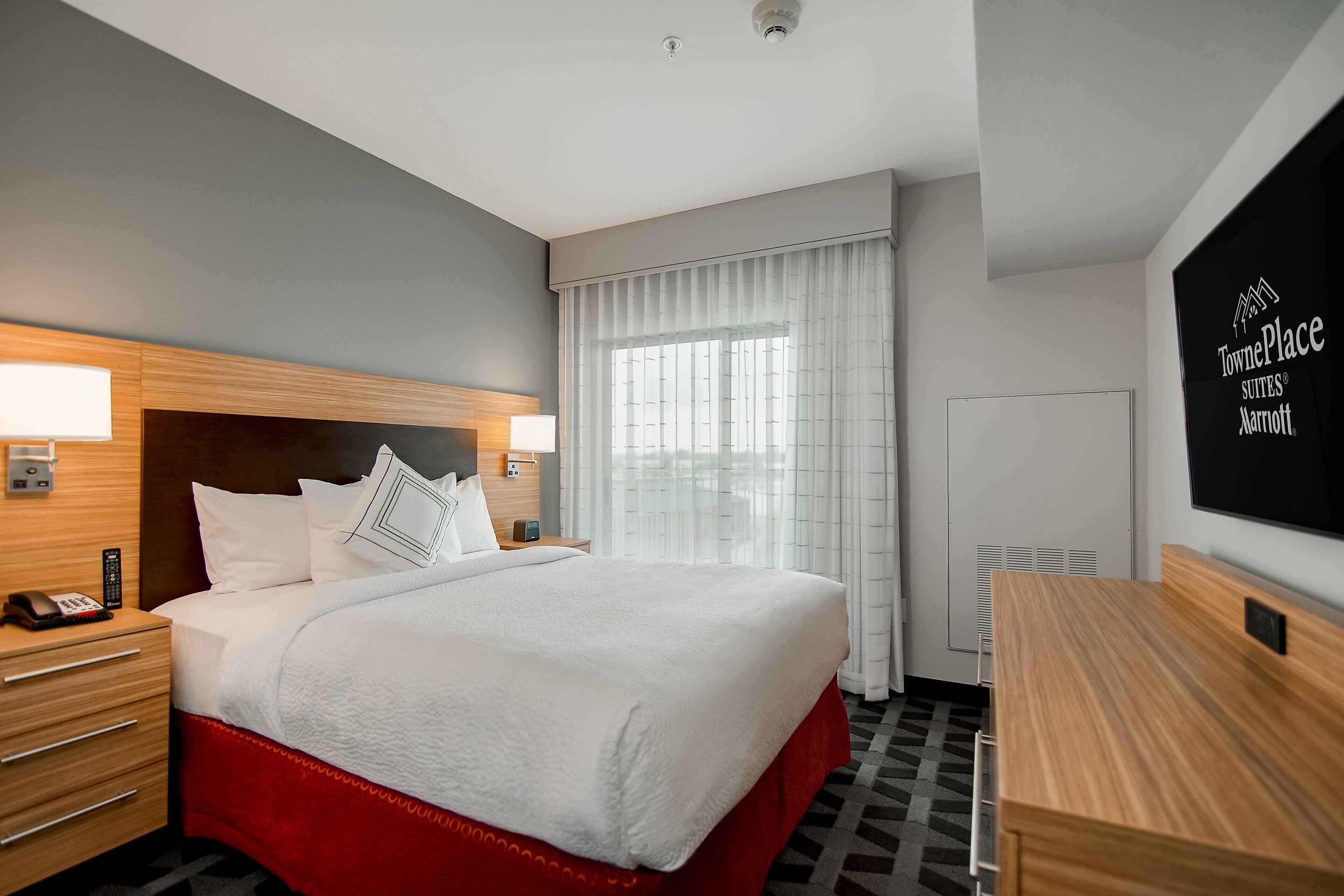 desk, laptop workspace, blackout curtains, iron/ironing board