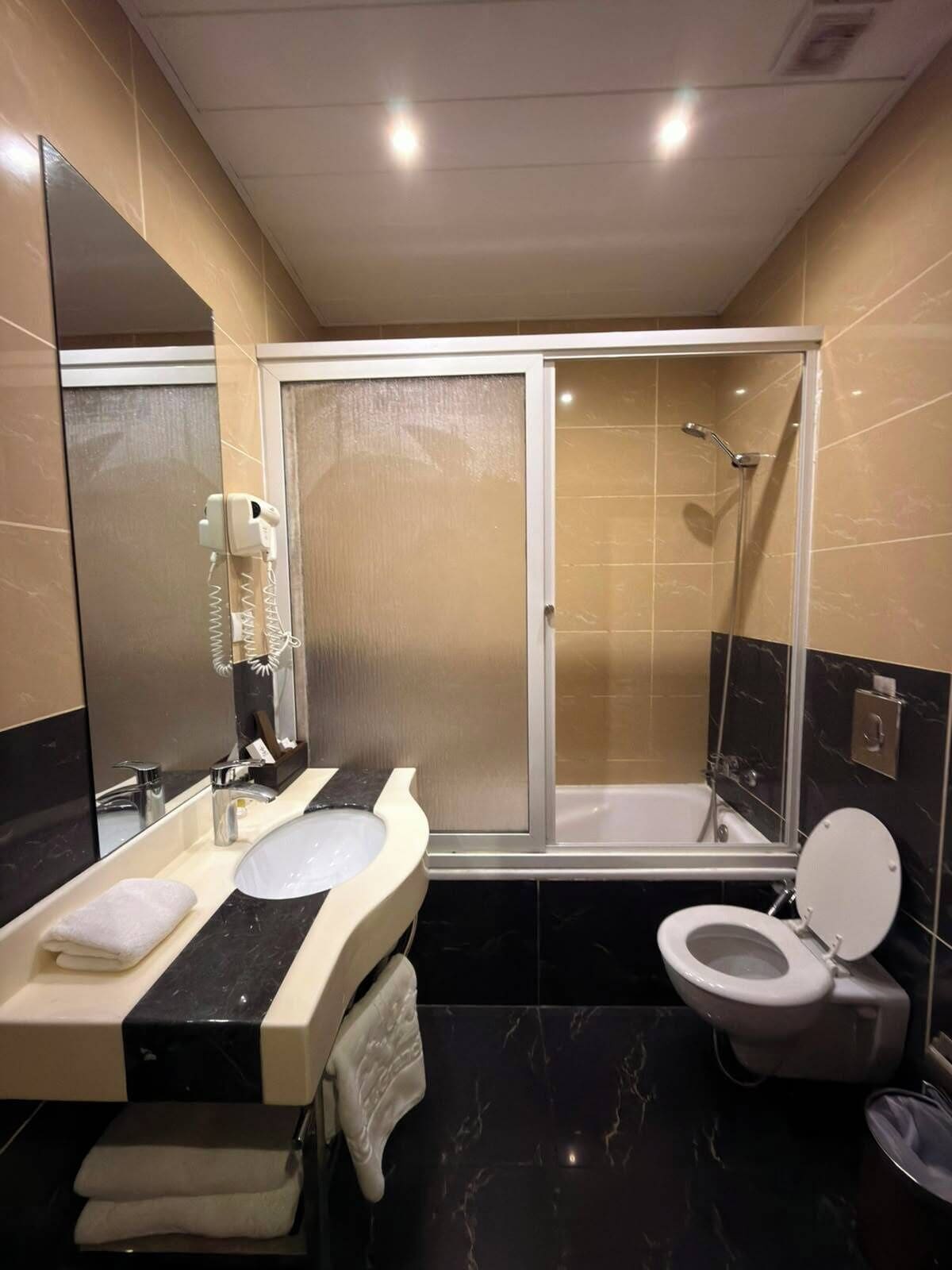 A bathroom with a shower, toilet, and sink.