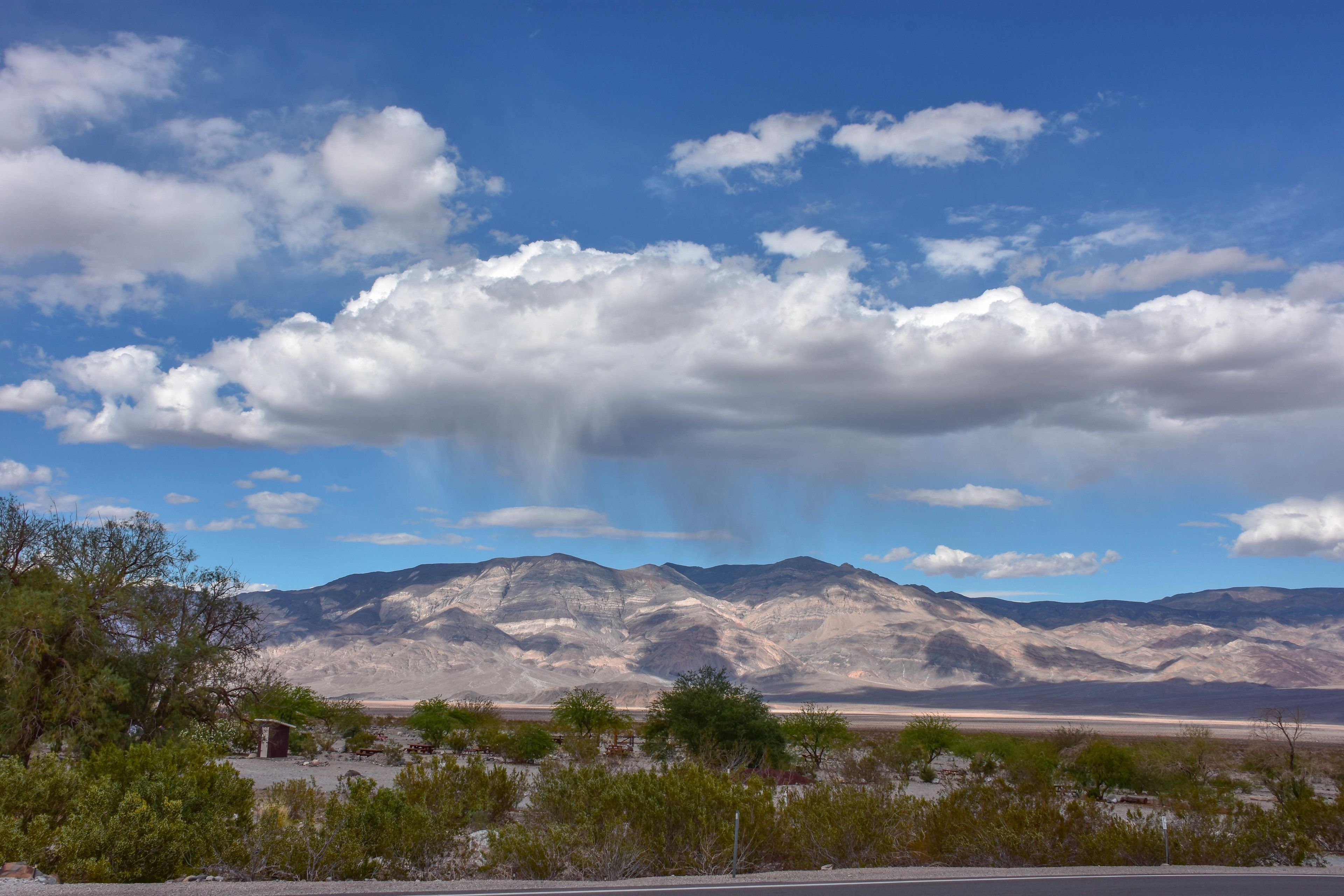 A desert landscape with mountains in the background, sparse vegetation, and a clear sky.
