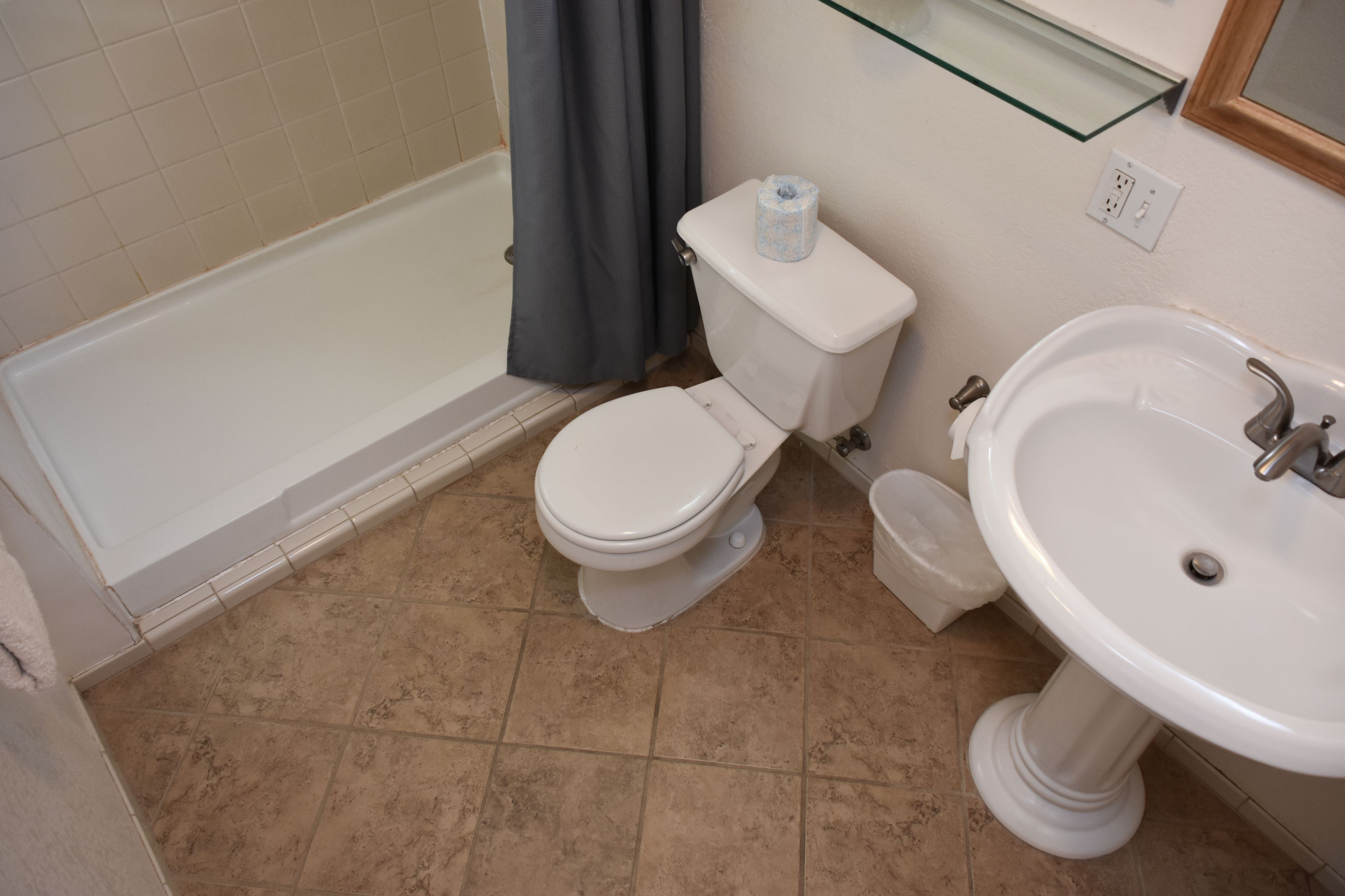 A bathroom with a toilet, sink, and shower.