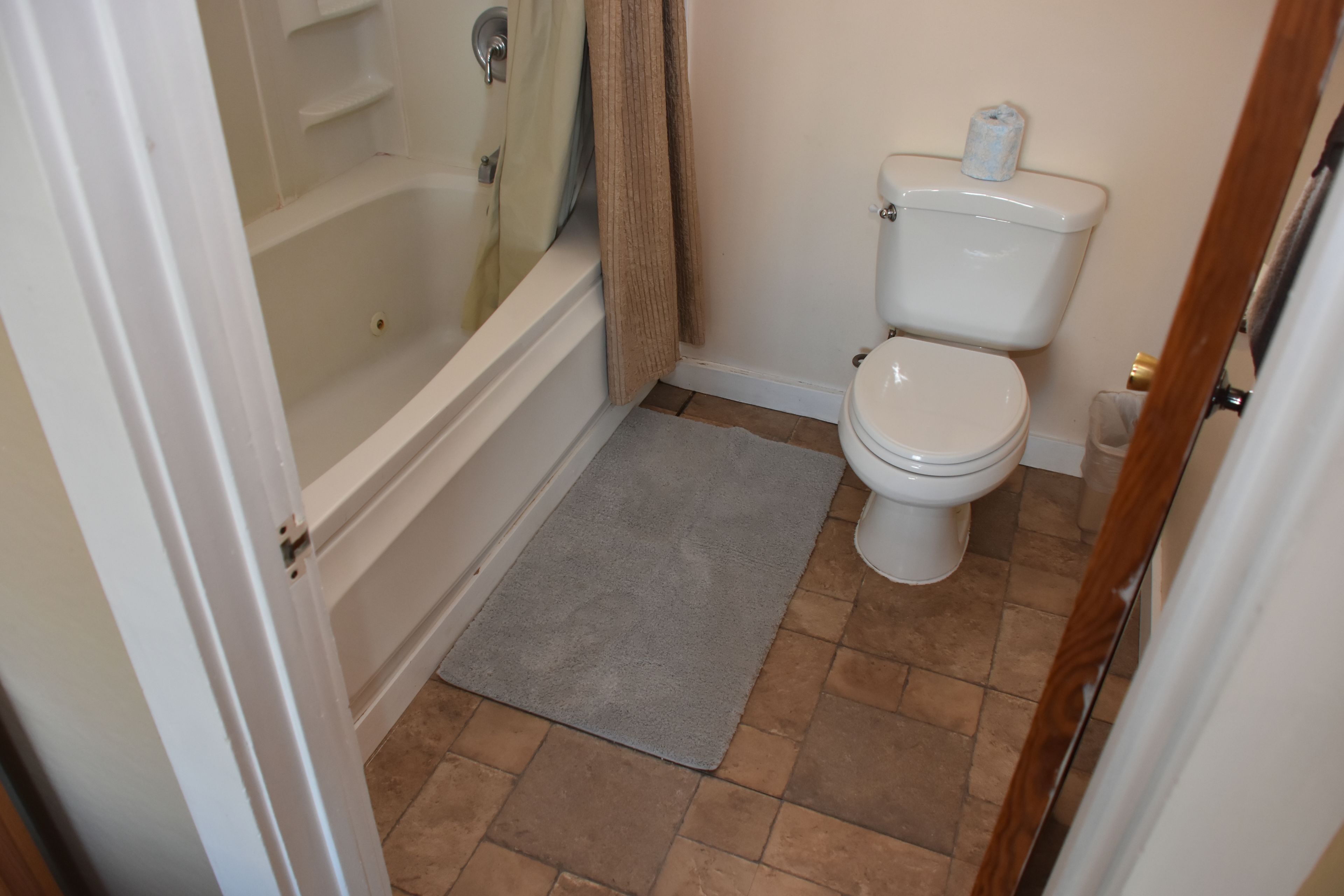 A bathroom with a bathtub, toilet, and a shower curtain.