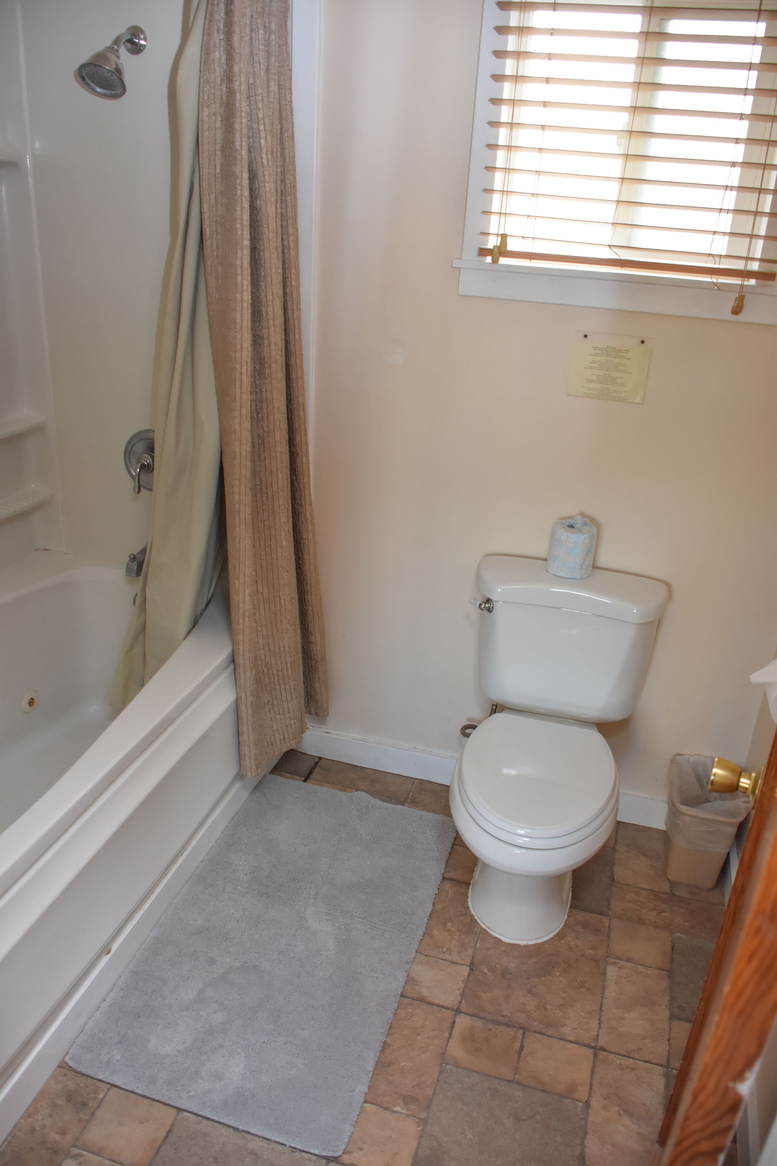 A bathroom with a bathtub, toilet, and a shower curtain.
