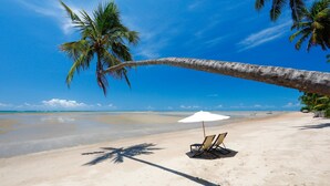 A beach with a palm tree, a white umbrella, and a lounge chair. - Pousada Samba Pa Ti (Porto de Pedras)