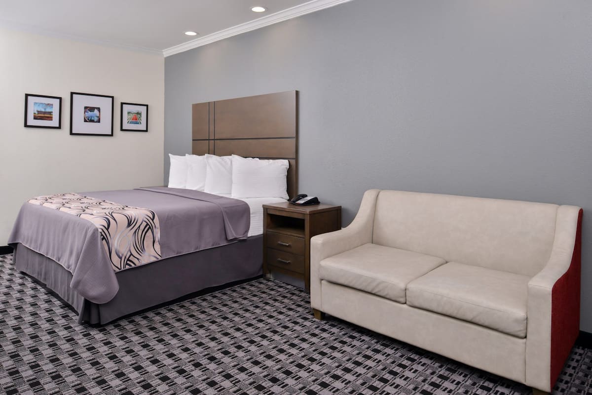 A hotel room with a bed, bedside table, nightstand, and a sofa.