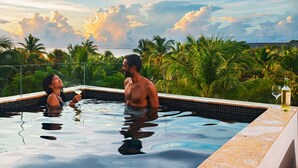 A couple in a private infinity pool with a view of palm trees and the ocean. - Itz'ana Resort & Residences (Placencia)